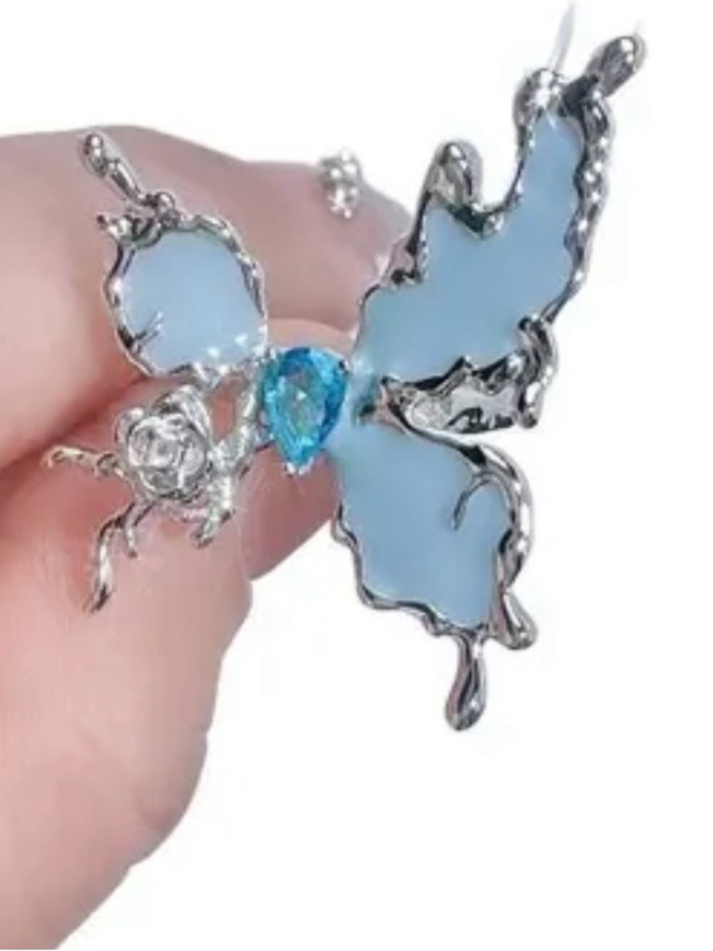 Silver Butterfly Ring with Light Blue Enamel and Blue Crystal